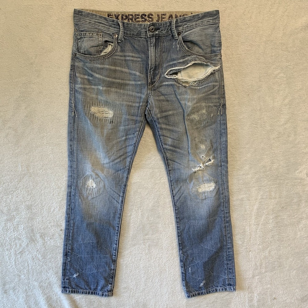 Express Jeans Extra Slim Mens 36x30 Light Blue Good Distressed Denim Pants